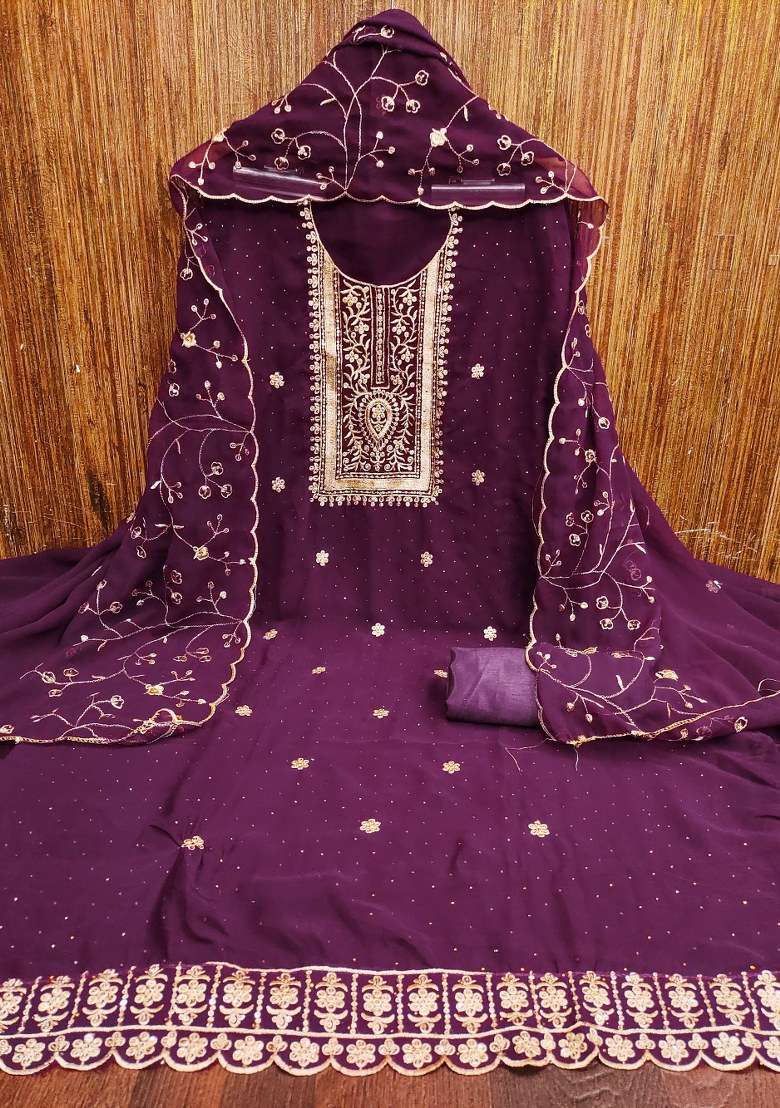 Purple Embroidered Georgette Straight Kurta Set - Indya