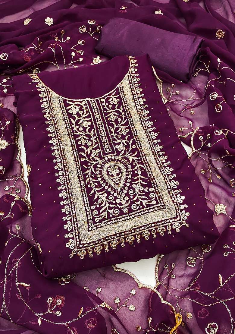 Purple Embroidered Georgette Straight Kurta Set - Indya