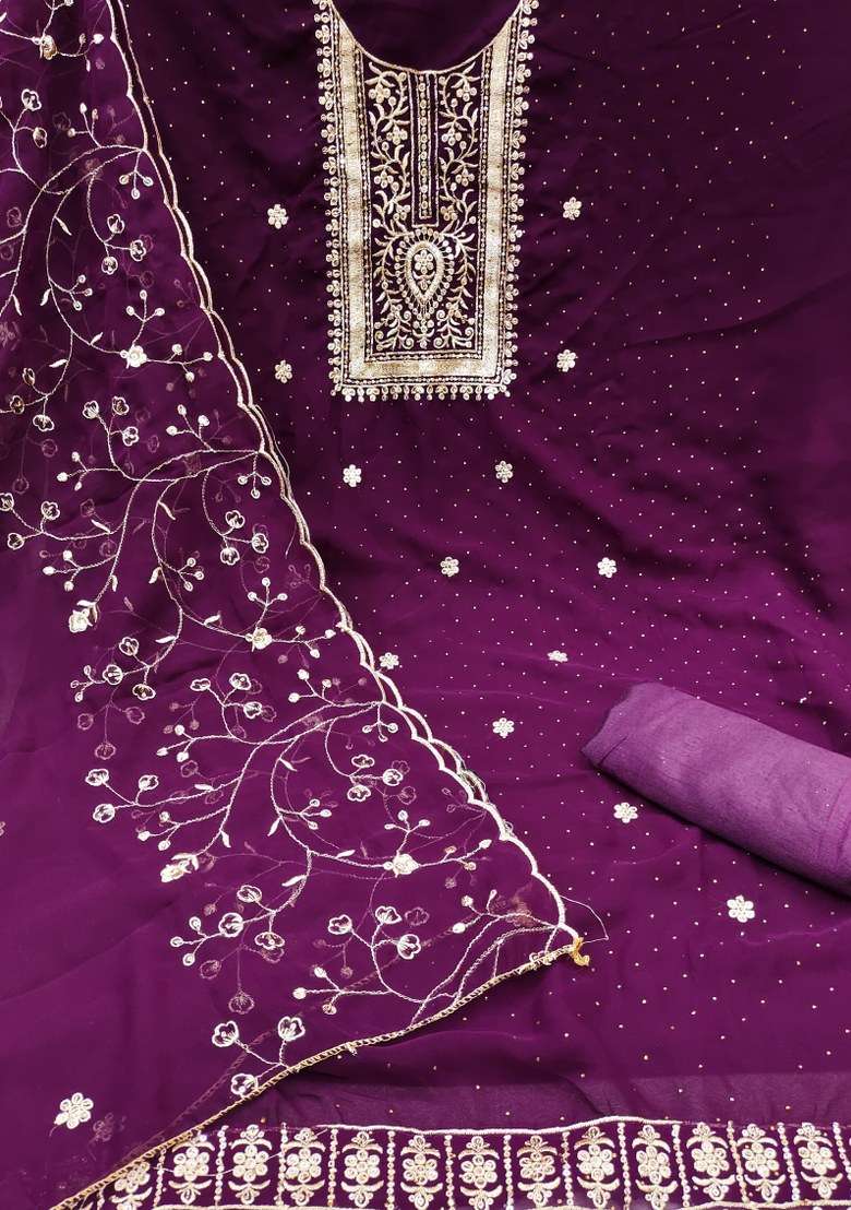 Purple Embroidered Georgette Straight Kurta Set - Indya