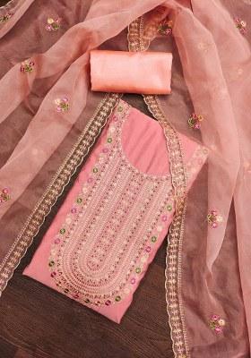 Peach Embroidered Cotton Blend Dress Material