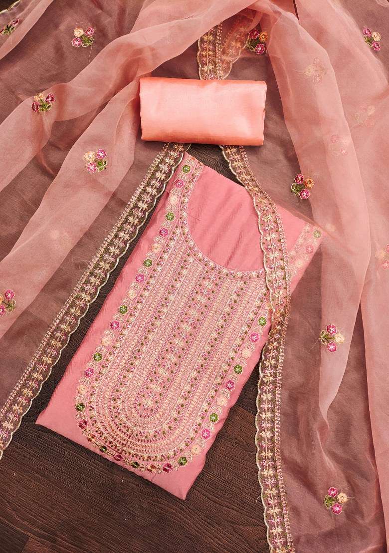 Peach Embroidered Blended Straight Kurta Set - Indya