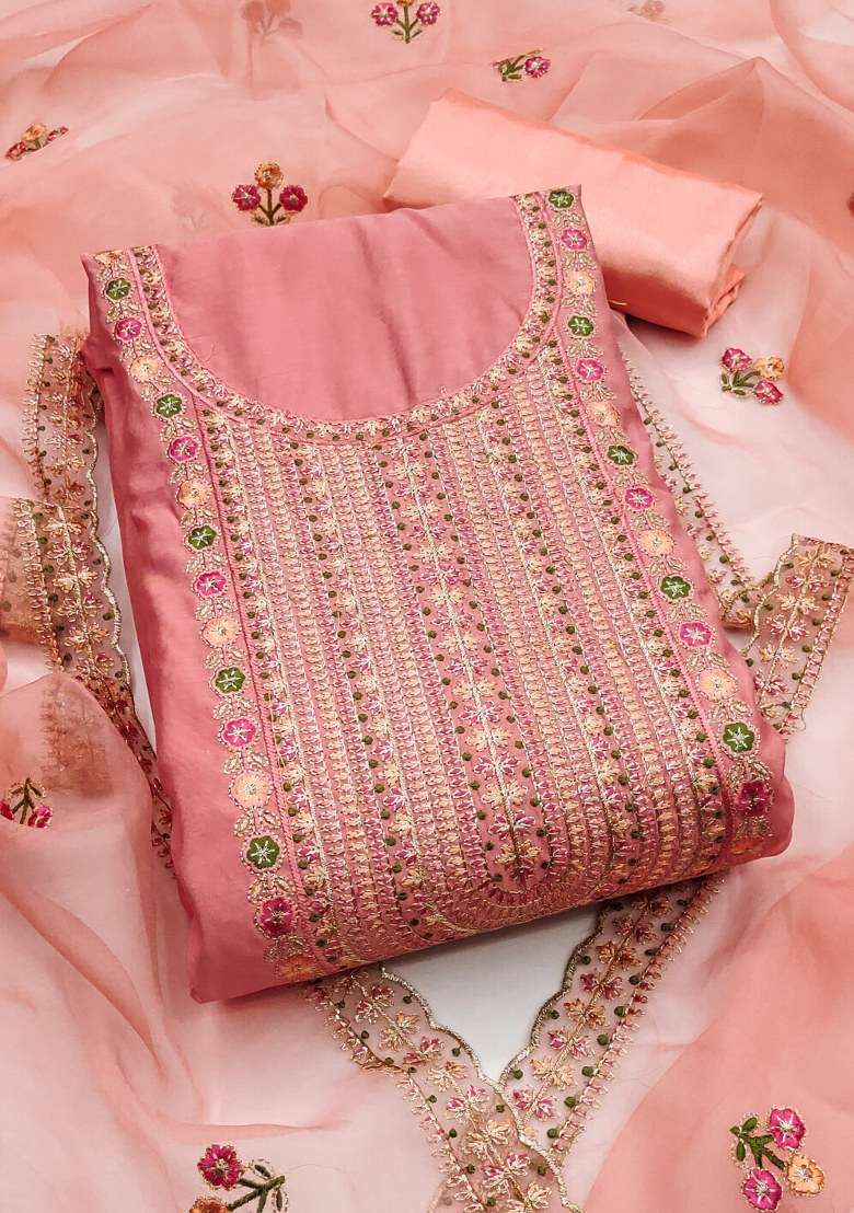 Peach Embroidered Blended Straight Kurta Set - Indya