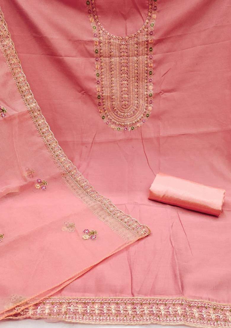 Peach Embroidered Blended Straight Kurta Set - Indya