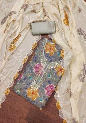 Grey Embroidered Viscose Dress Material