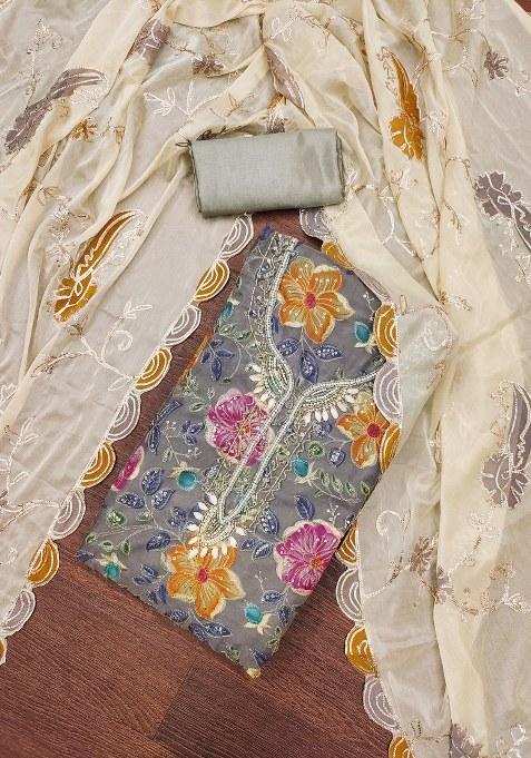 Grey Embroidered Viscose Dress Material