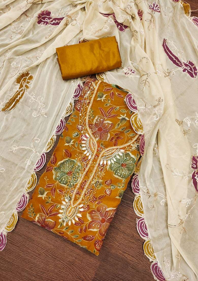 Mustard Embroidered Viscose Dress Material - Indya