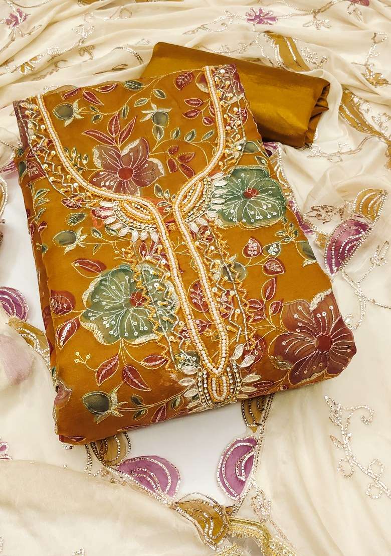Mustard Embroidered Viscose Dress Material - Indya