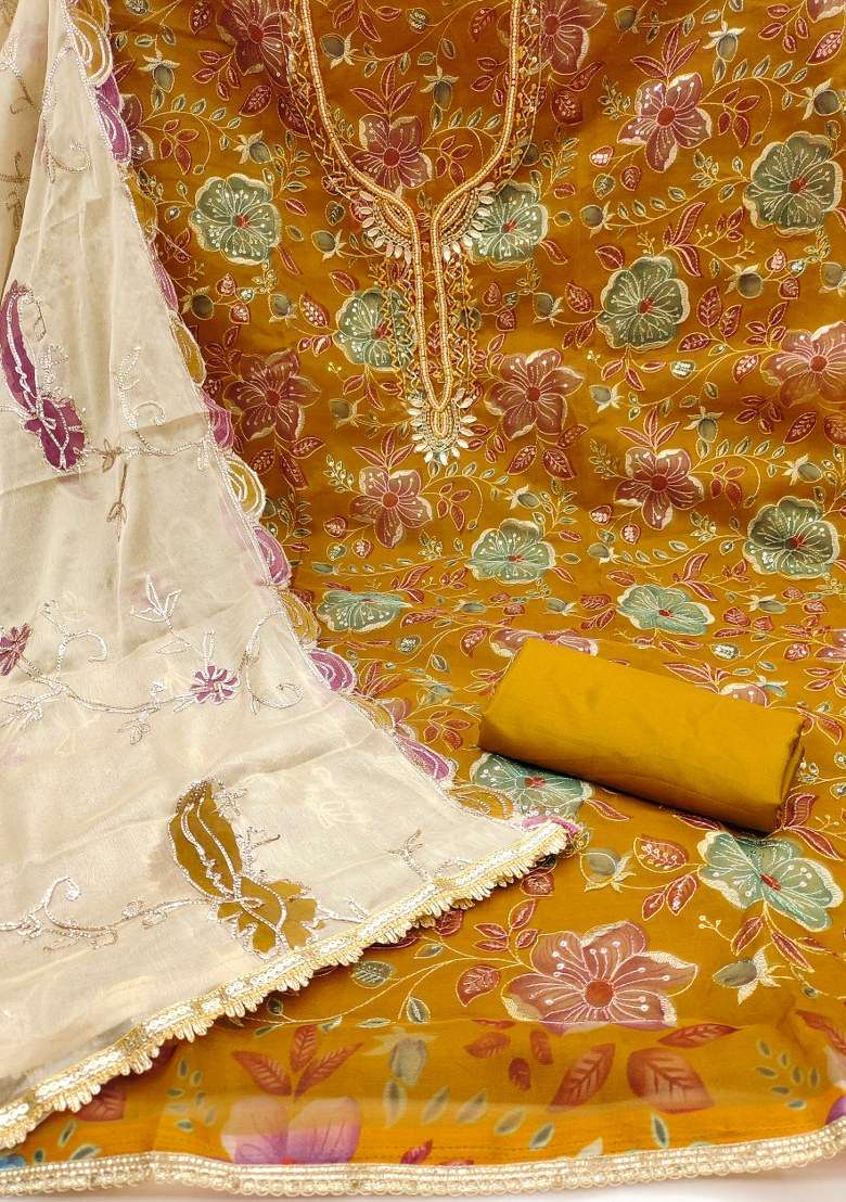 Mustard Embroidered Viscose Dress Material - Indya