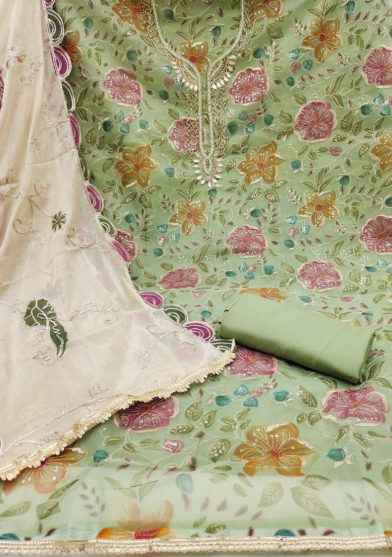 Light Green Embroidered Viscose Dress Material