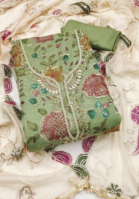 Light Green Embroidered Viscose Dress Material