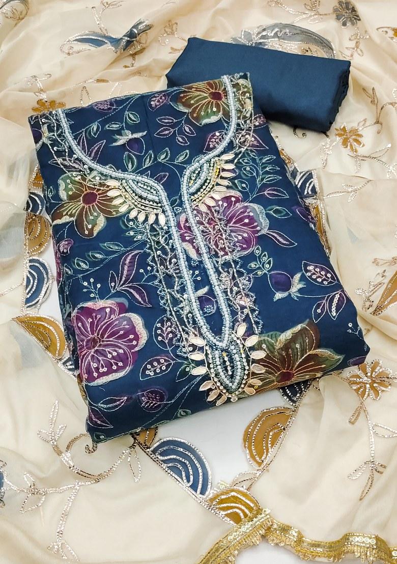 Blue Embroidered Viscose Dress Material