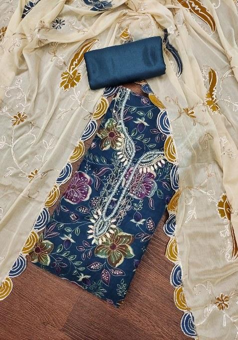 Blue Embroidered Viscose Dress Material