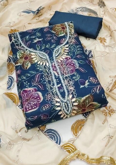 Blue Embroidered Viscose Dress Material