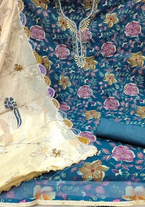 Blue Embroidered Viscose Dress Material