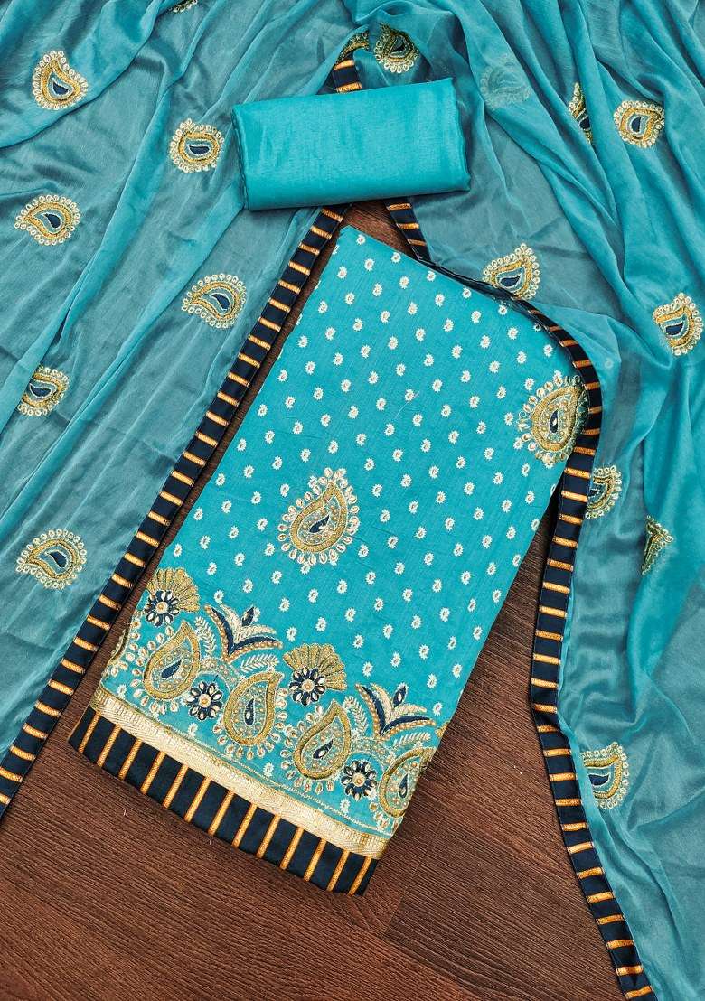 Blue Embroidered Blended Punjabi Suit - Indya