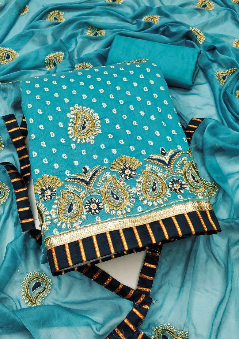 Blue Embroidered Blended Punjabi Suit - Indya
