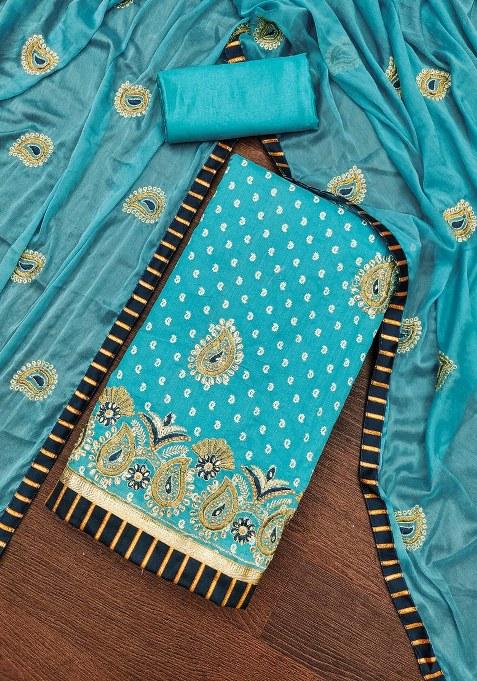 Blue Embroidered Blended Punjabi Suit — view on Indya