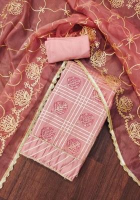 Peach Embroidered Cotton Blend Dress Material