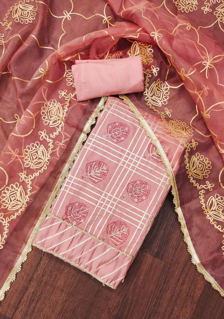Peach Embroidered Blended Straight Kurta Set - Indya