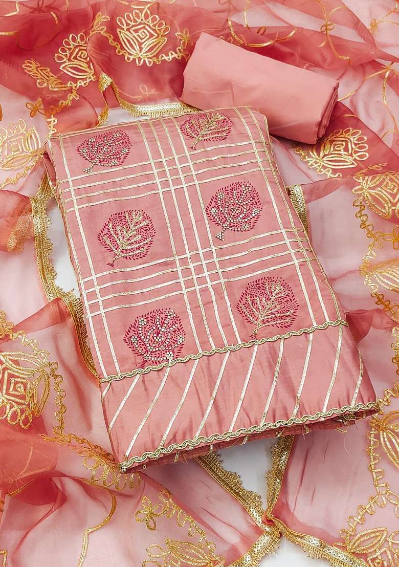 Peach Embroidered Blended Straight Kurta Set - Indya