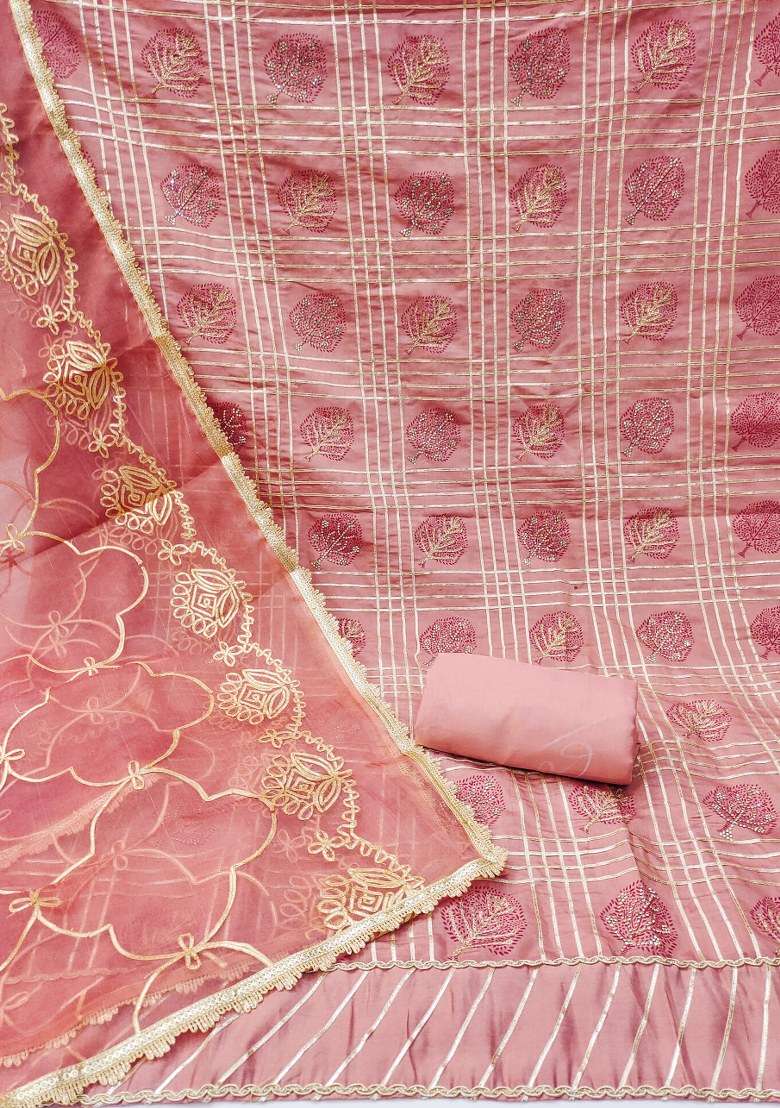 Peach Embroidered Blended Straight Kurta Set - Indya