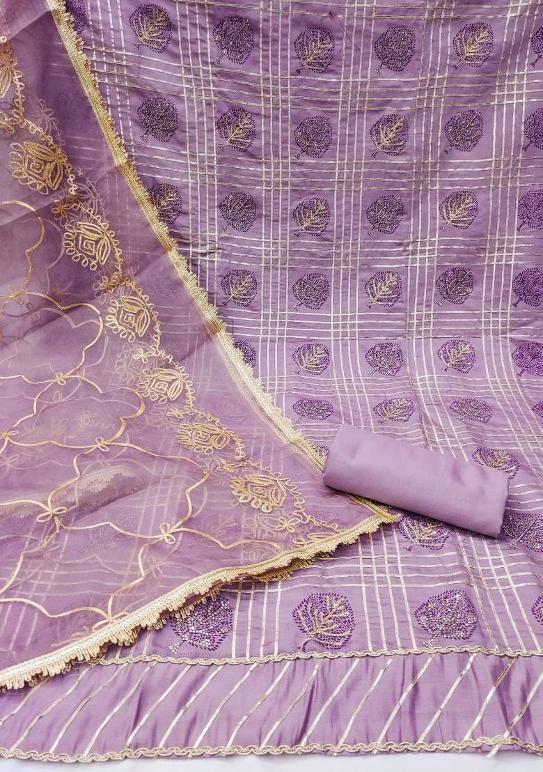 Purple Embroidered Blended Straight Kurta Set - Indya