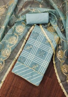 Turquoise Blue Embroidered Cotton Blend Dress Material