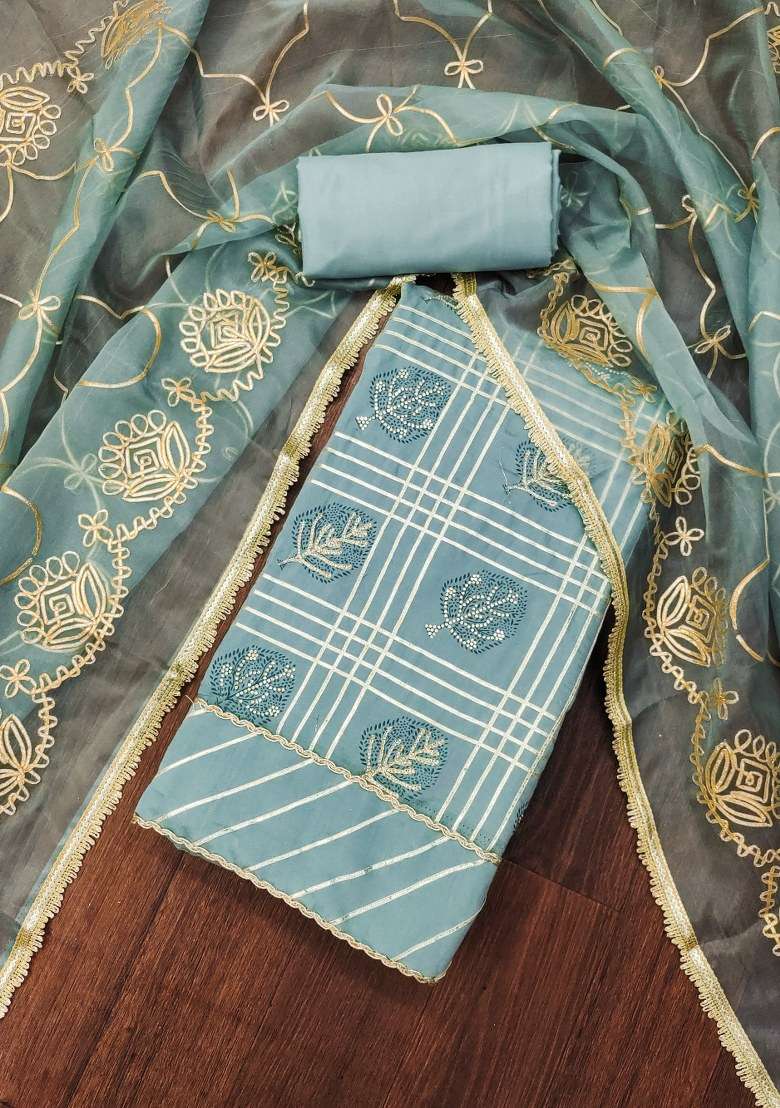 Turquoise Blue Embroidered Cotton Blend Dress Material - Indya