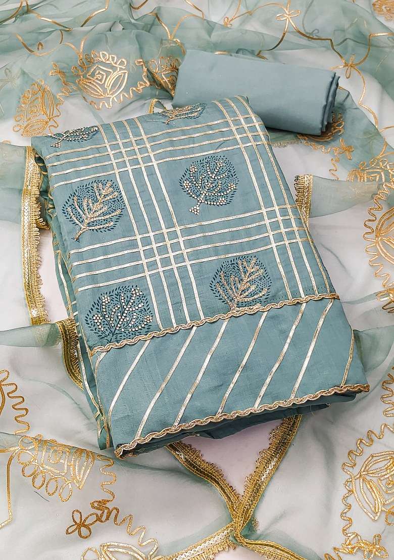 Turquoise Blue Embroidered Cotton Blend Dress Material - Indya