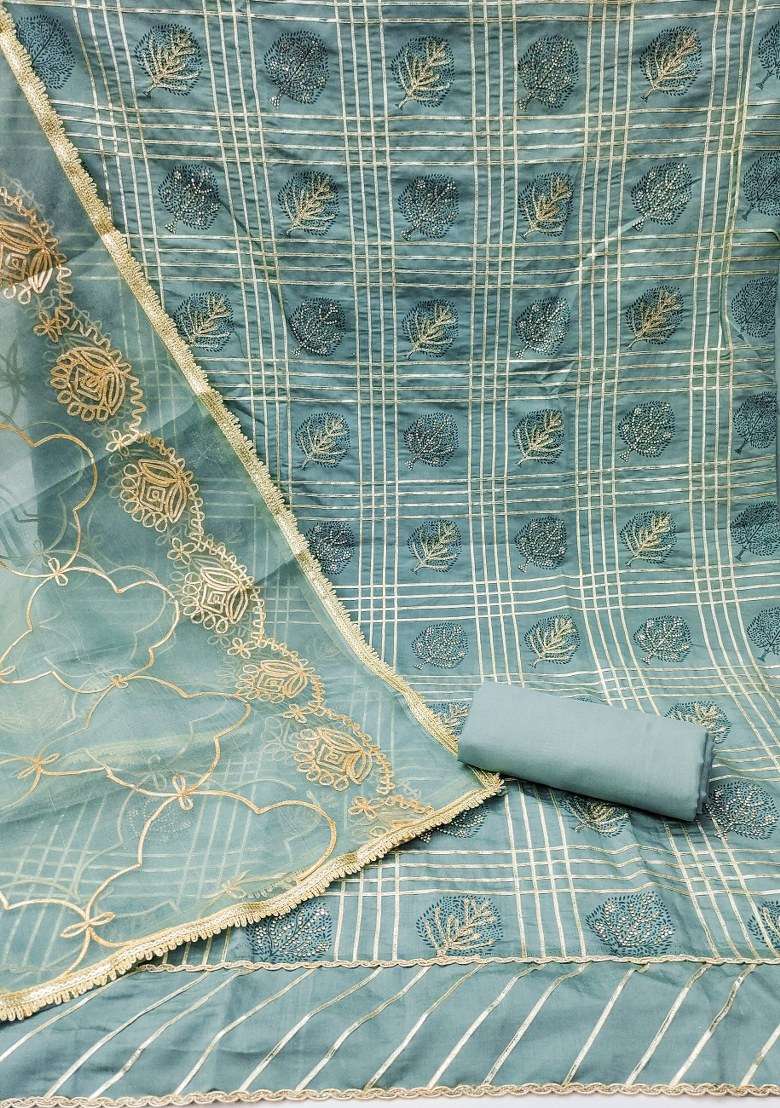 Turquoise Blue Embroidered Cotton Blend Dress Material - Indya