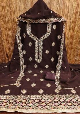 Brown Embroidered Georgette Dress Material
