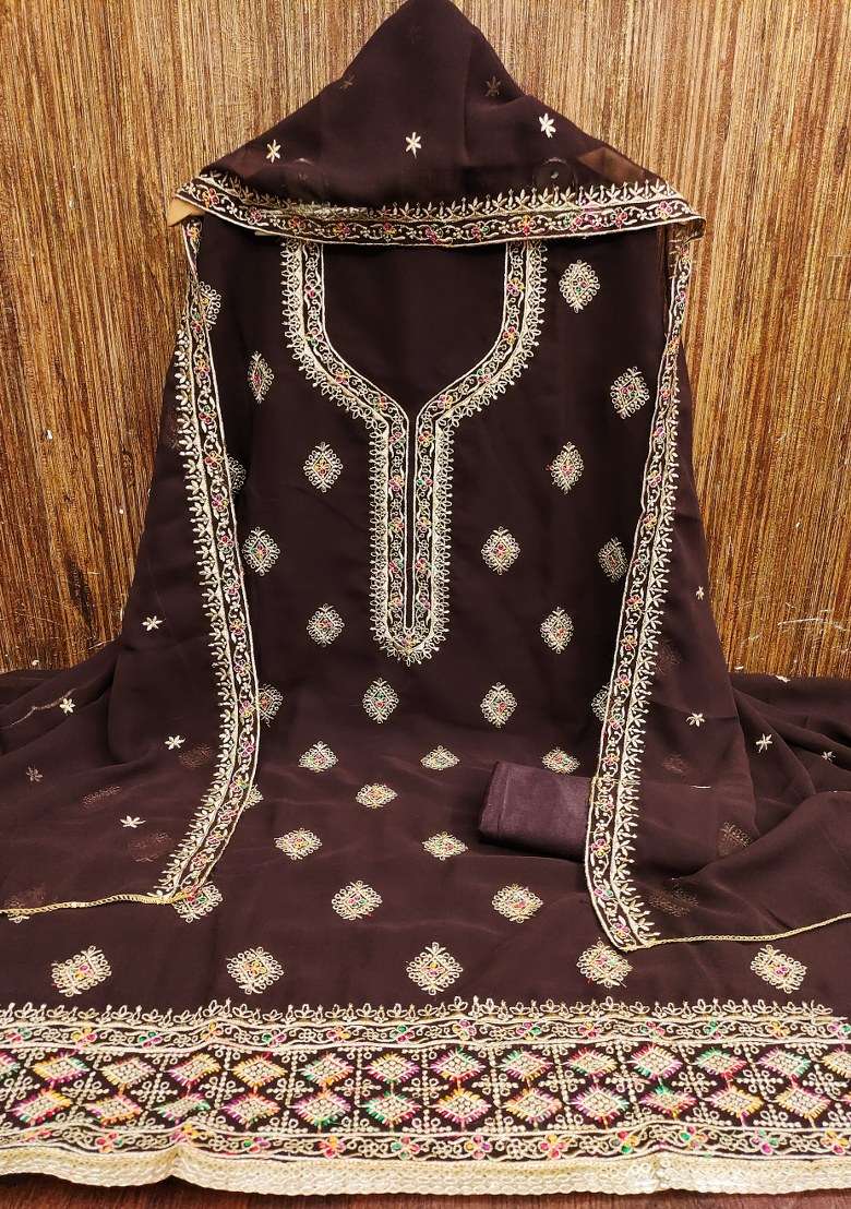 Brown Embroidered Georgette Punjabi Suit - Indya