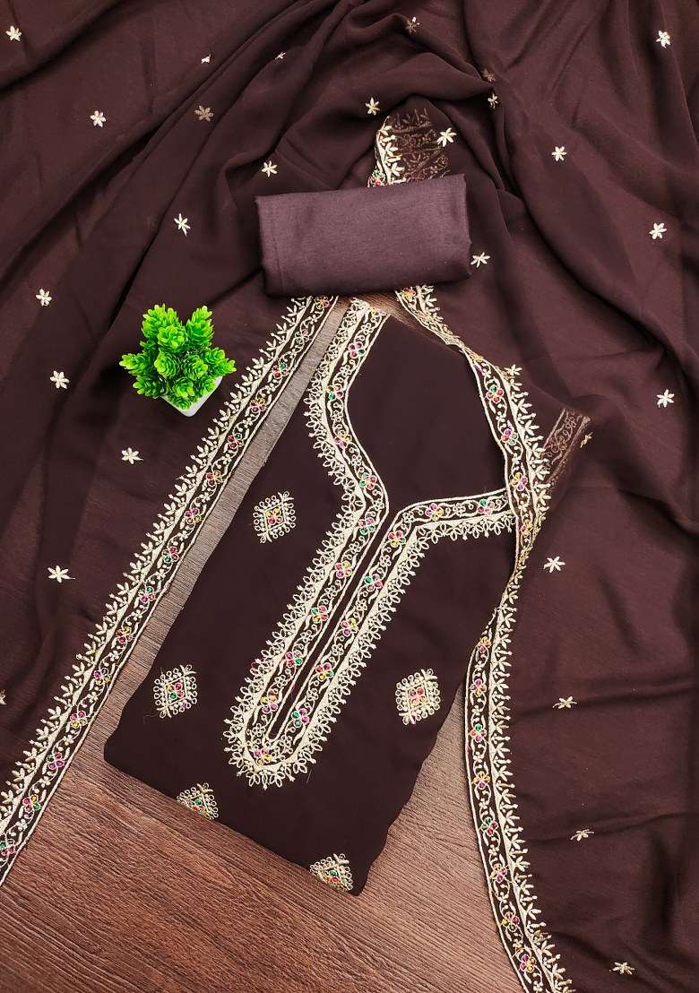Brown Embroidered Georgette Punjabi Suit - Indya