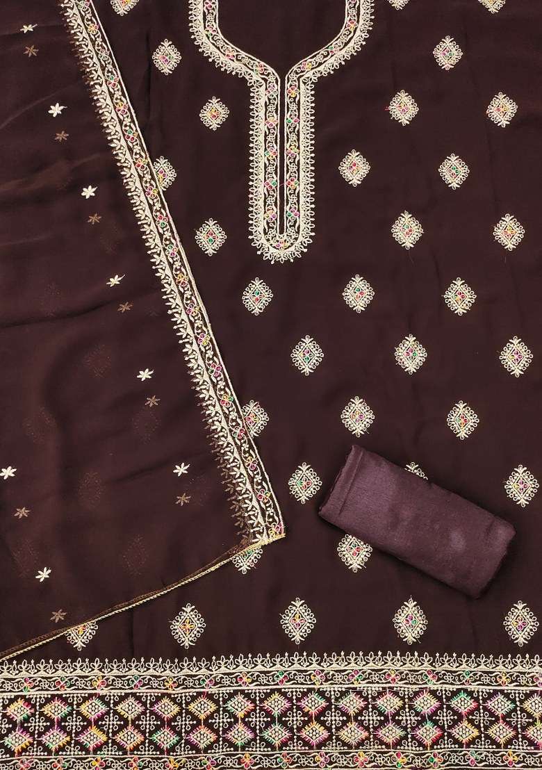 Brown Embroidered Georgette Punjabi Suit - Indya