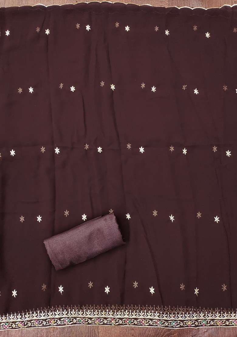 Brown Embroidered Georgette Punjabi Suit - Indya