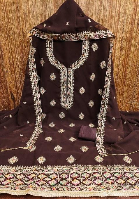 Brown Embroidered Georgette Dress Material