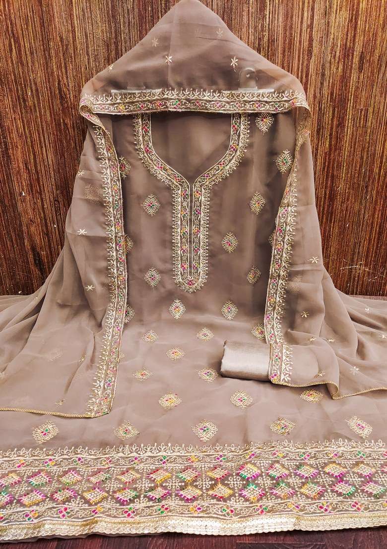 Grey Embroidered Georgette Dress Material - Indya