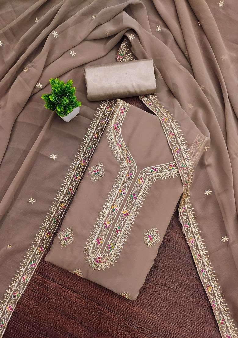 Grey Embroidered Georgette Dress Material - Indya