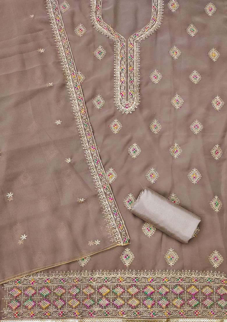 Grey Embroidered Georgette Dress Material - Indya
