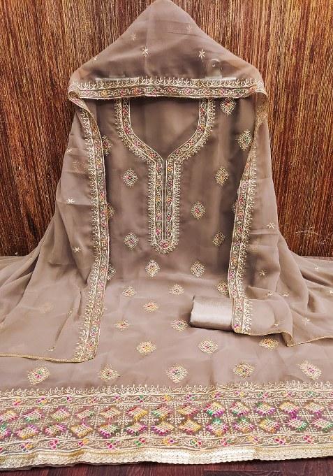 Grey Embroidered Georgette Dress Material