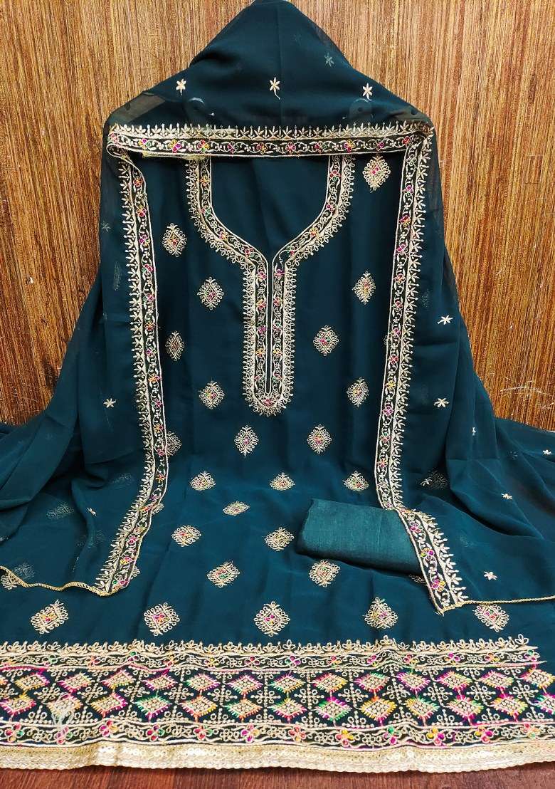 Royal Blue Embroidered Georgette Straight Kurta Set - Indya