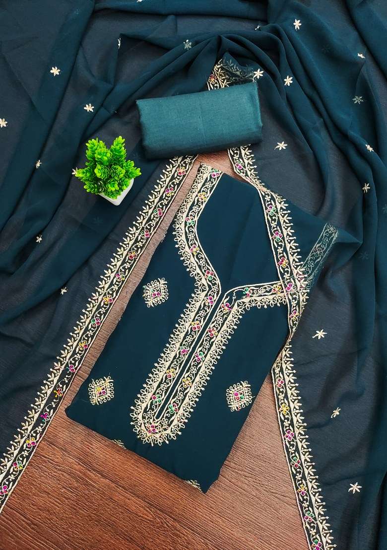 Royal Blue Embroidered Georgette Straight Kurta Set - Indya