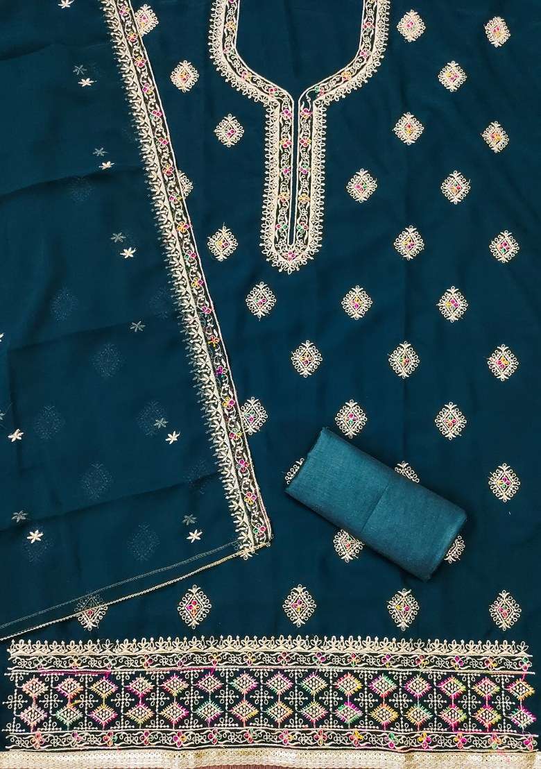 Royal Blue Embroidered Georgette Straight Kurta Set - Indya