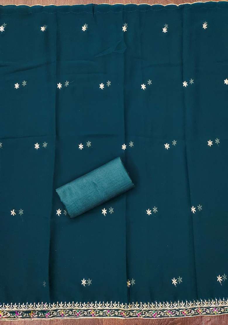 Royal Blue Embroidered Georgette Straight Kurta Set - Indya