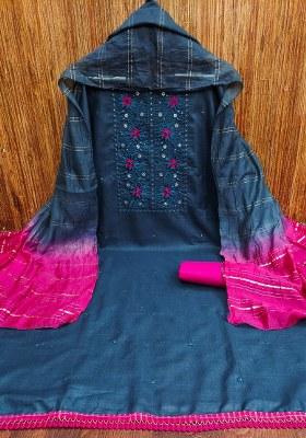 Blue Embroidered Magic Slub Dress Material