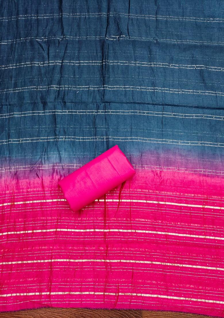 Blue Embroidered Magic Slub Dress Material - Indya