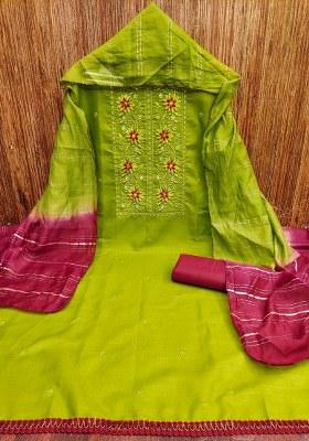 Green Embroidered Magic Slub Dress Material