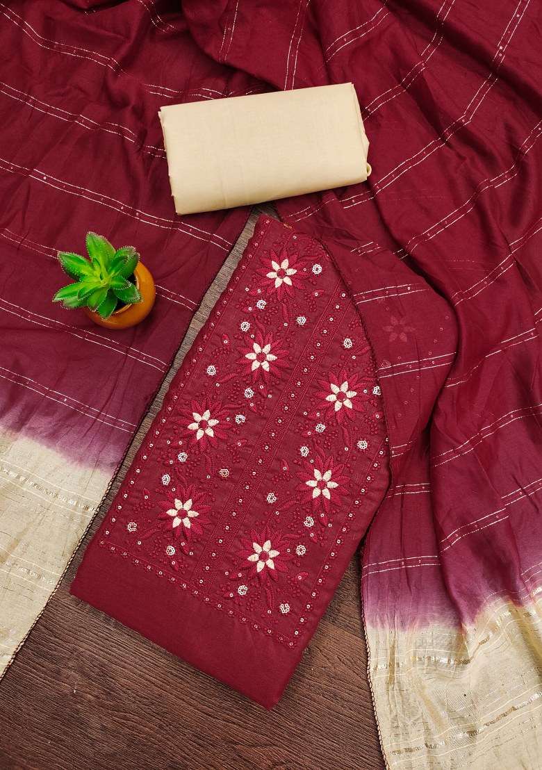 Maroon Embroidered Blended Straight Kurta Set - Indya