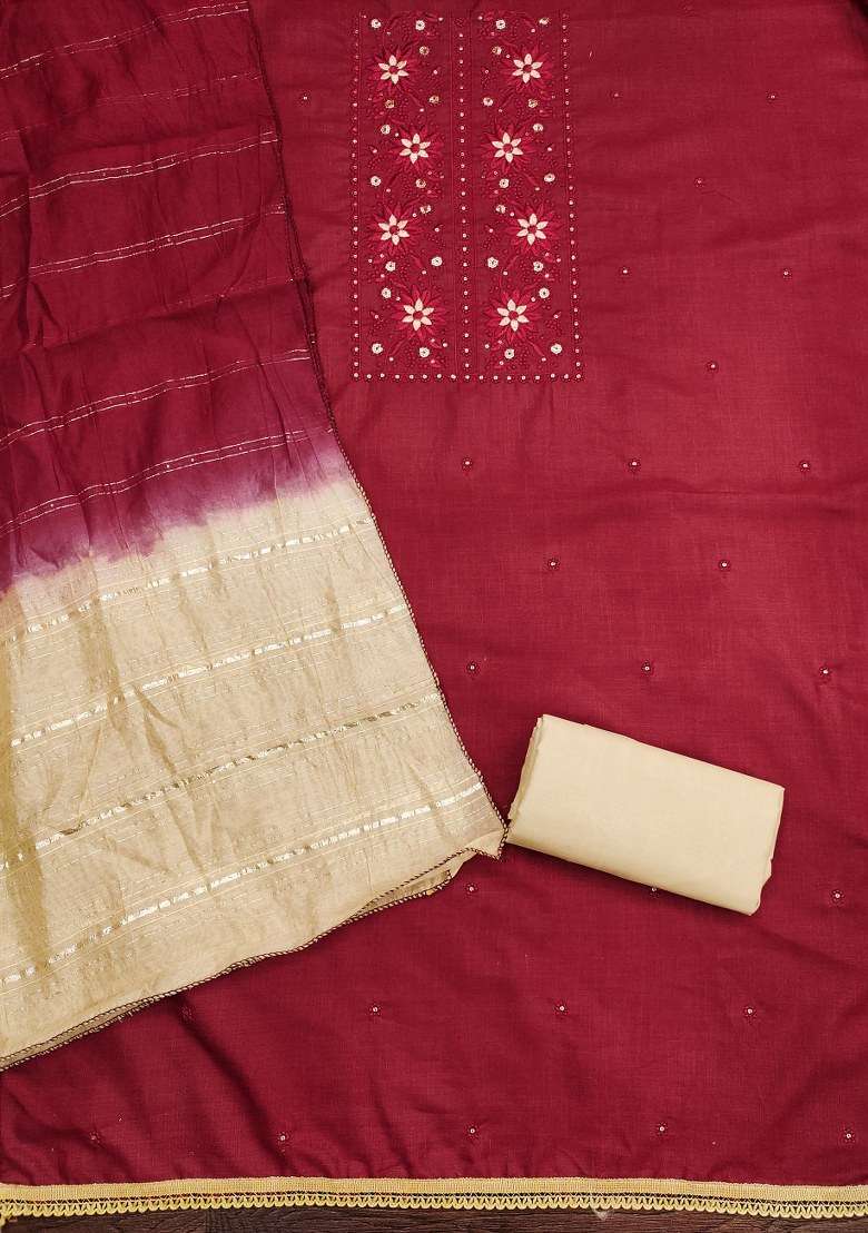 Maroon Embroidered Blended Straight Kurta Set - Indya
