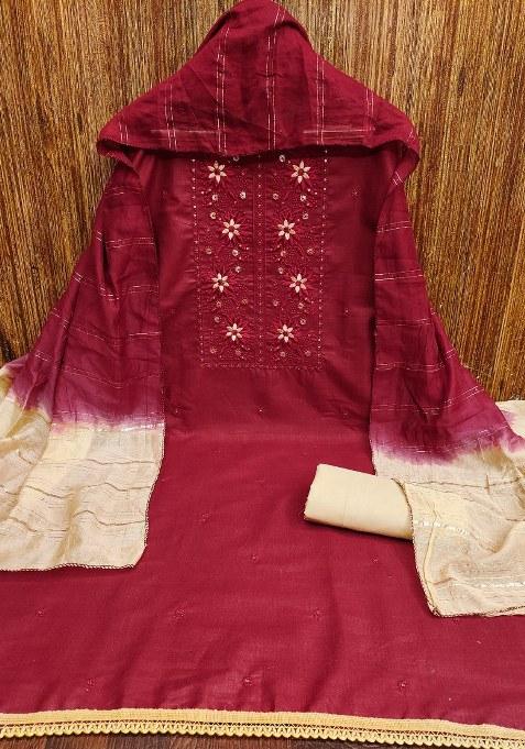 Maroon Embroidered Magic Slub Dress Material